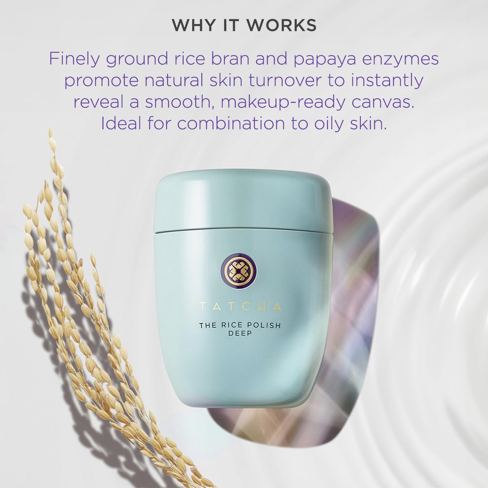 Close-up of TATCHA powder texture highlighting fine rice bran for mild polish
