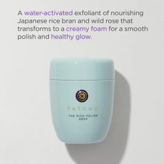 TATCHA jar open with creamy foam texture, demonstrates gentle water-activated lather