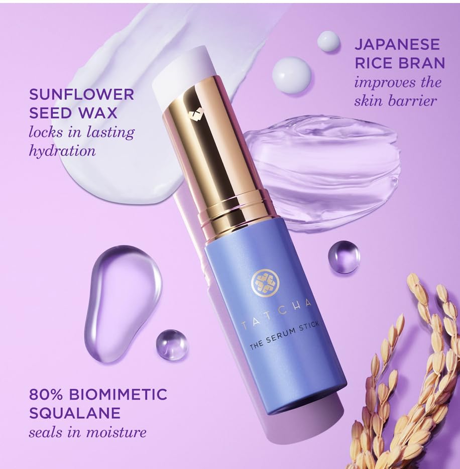 TATCHA serum stick next to coin for scale demonstrating portable convenience