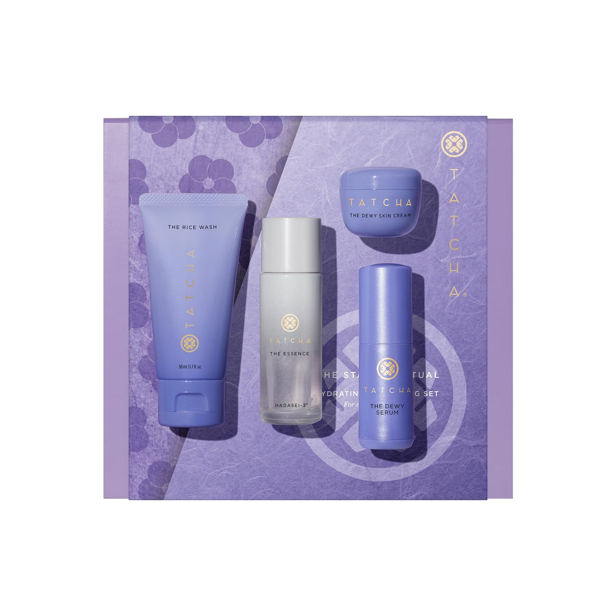 TATCHA starter set packaging front showing travel-sized bottles and value, ideal for testing hydration