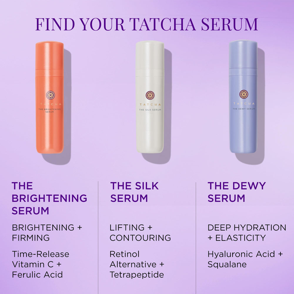 TATCHA Dewy Serum styled on bathroom vanity evoking dewy skin and routine harmony