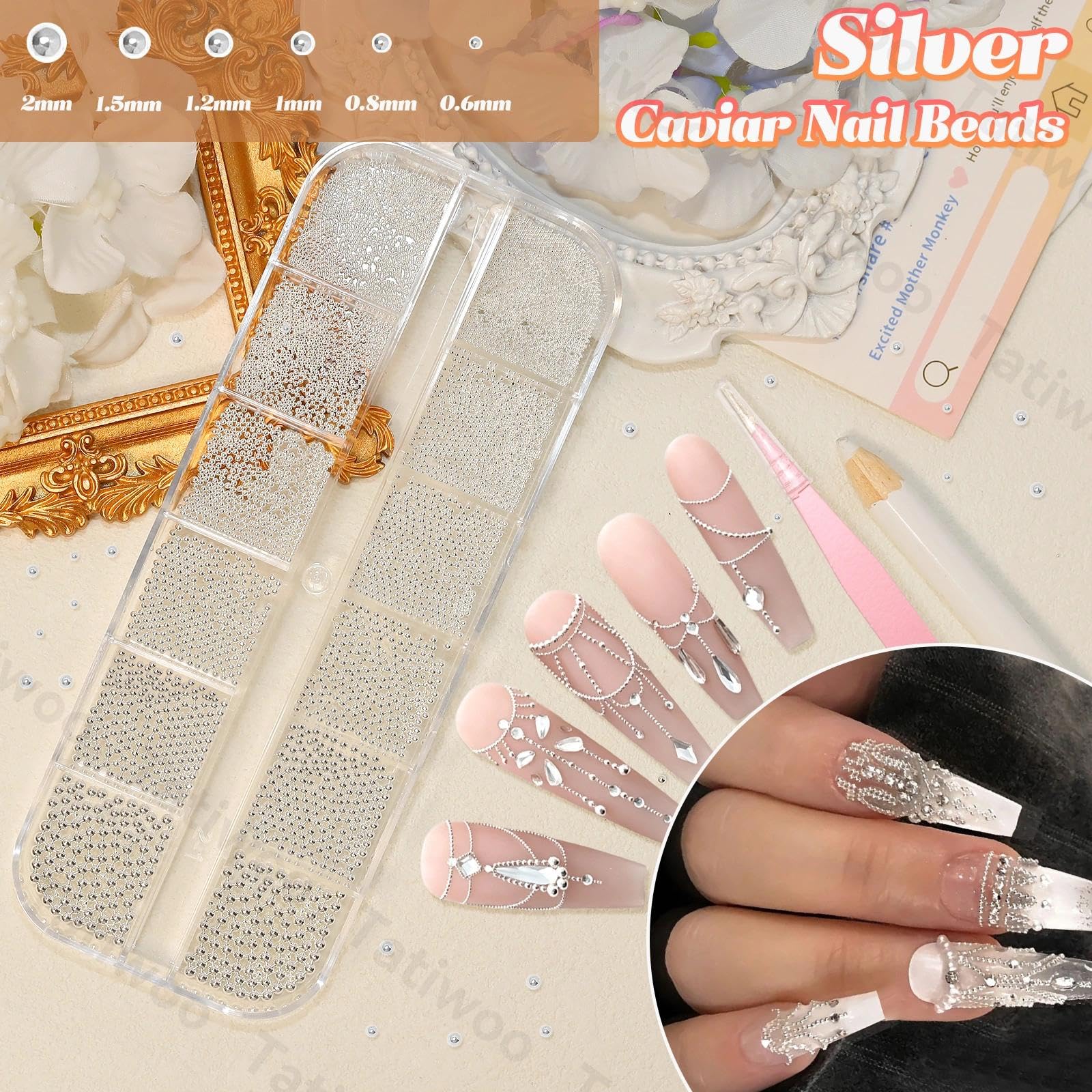 Tatiwoo beads applied on acrylic nail, metallic accents enhance depth