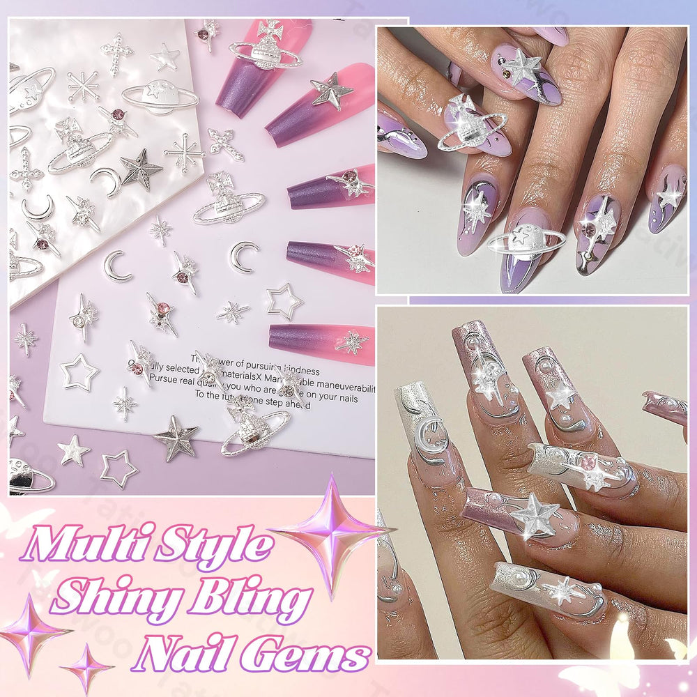 Tatiwoo silver charms applied to press-on nail demonstrating design possibilities