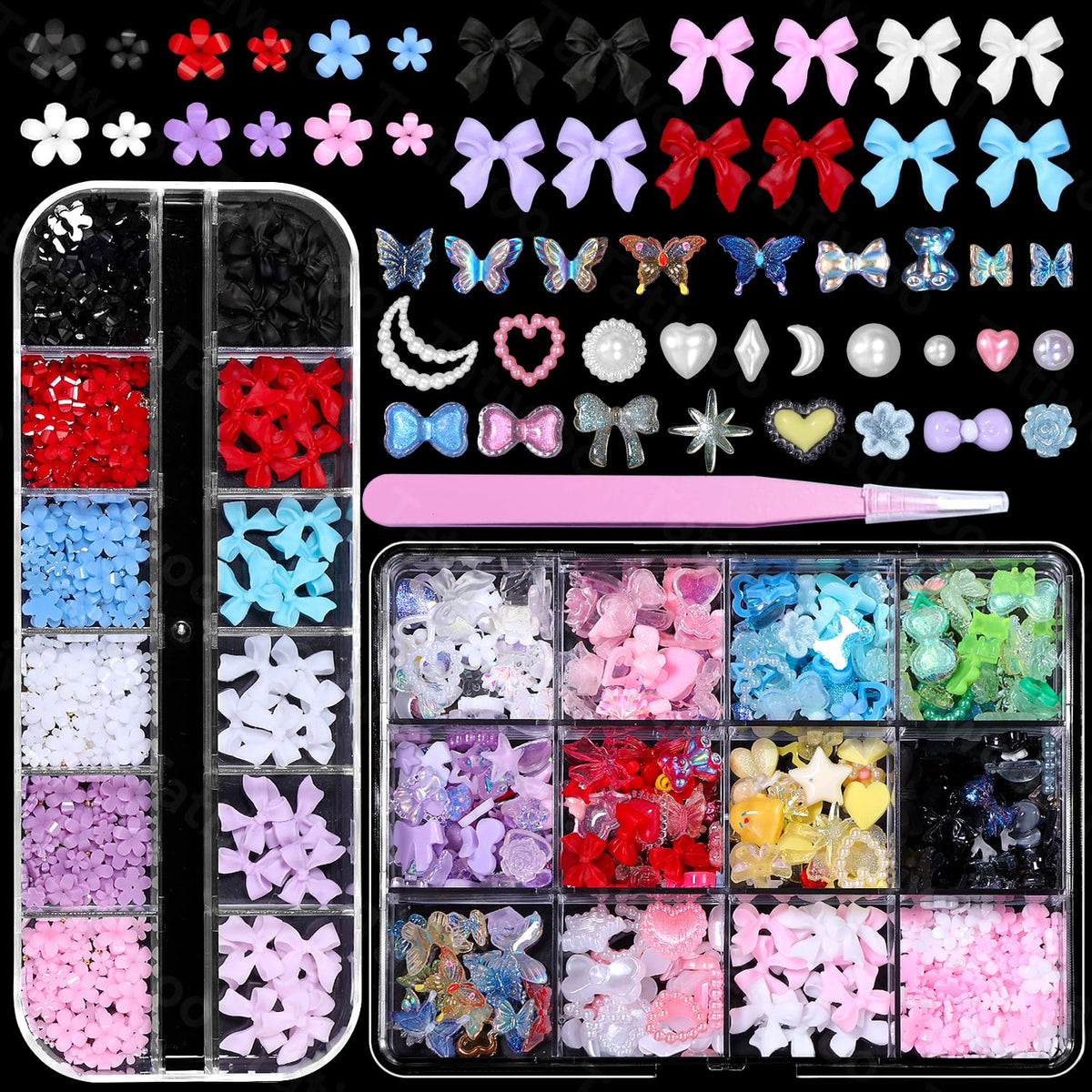 Tatiwoo front of box showing organized nail charms and included tweezer for easy use