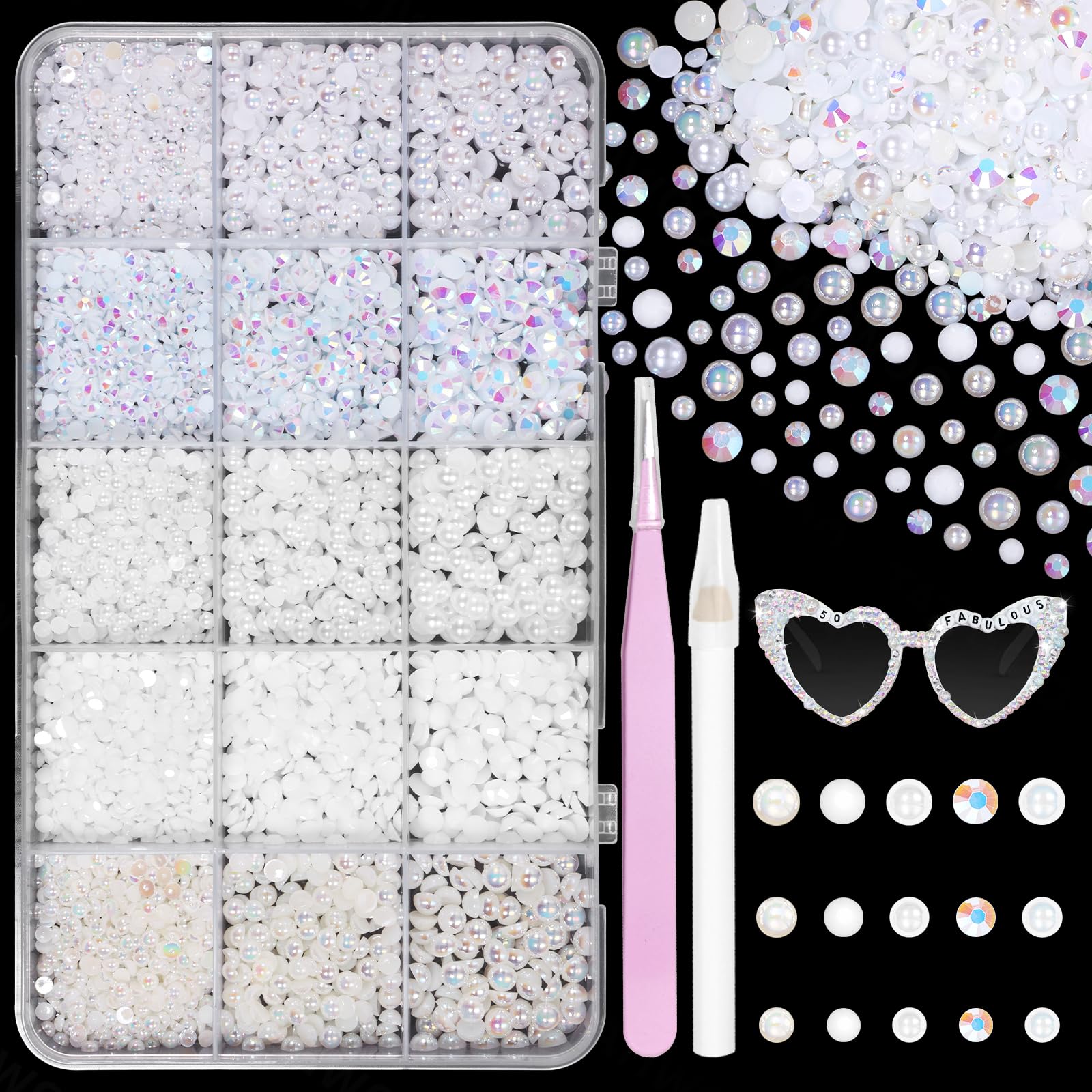 Tatiwoo front of packaging showing organized mixed-size pearls and rhinestones for easy access