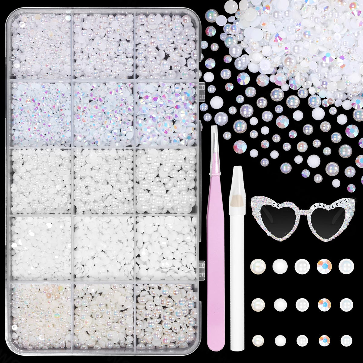 Tatiwoo front of packaging showing organized mixed-size pearls and rhinestones for easy access