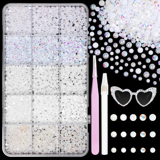 Tatiwoo front of packaging showing organized mixed-size pearls and rhinestones for easy access