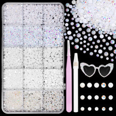 Tatiwoo front of packaging showing organized mixed-size pearls and rhinestones for easy access