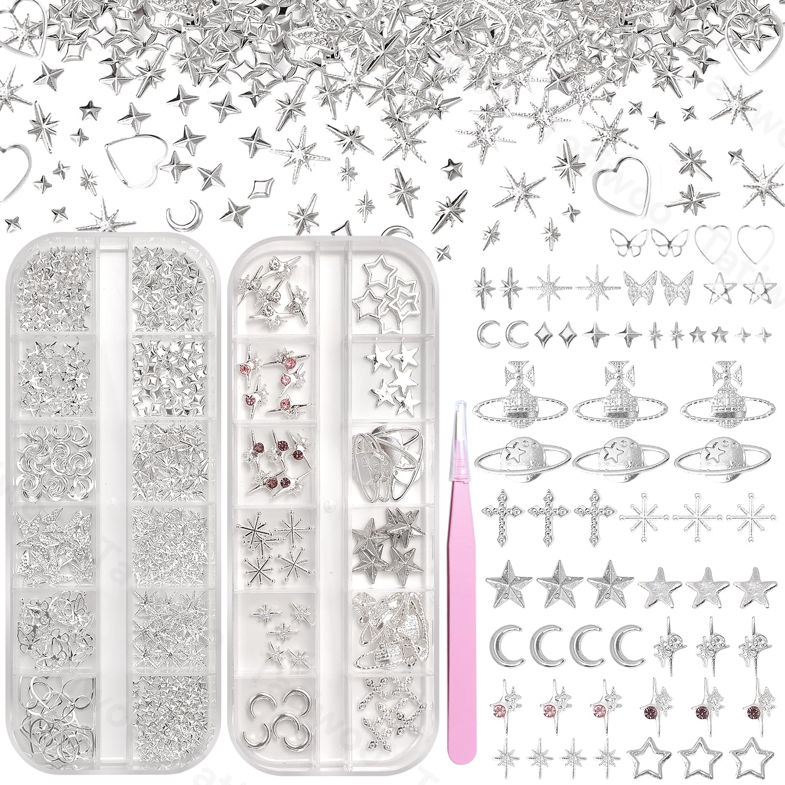 Tatiwoo front packaging showing organized 300-piece silver charm set for easy use