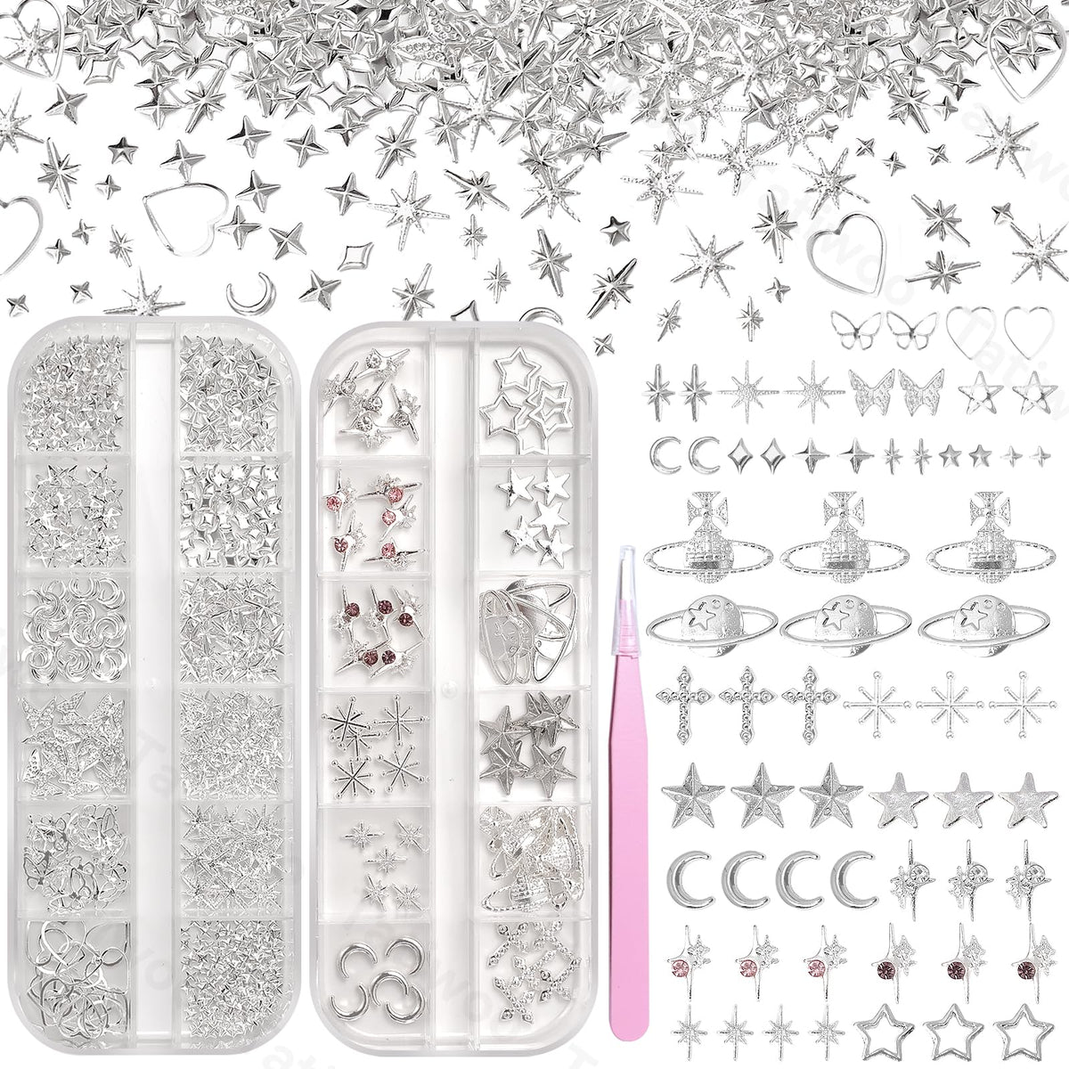 Tatiwoo front packaging showing organized 300-piece silver charm set for easy use