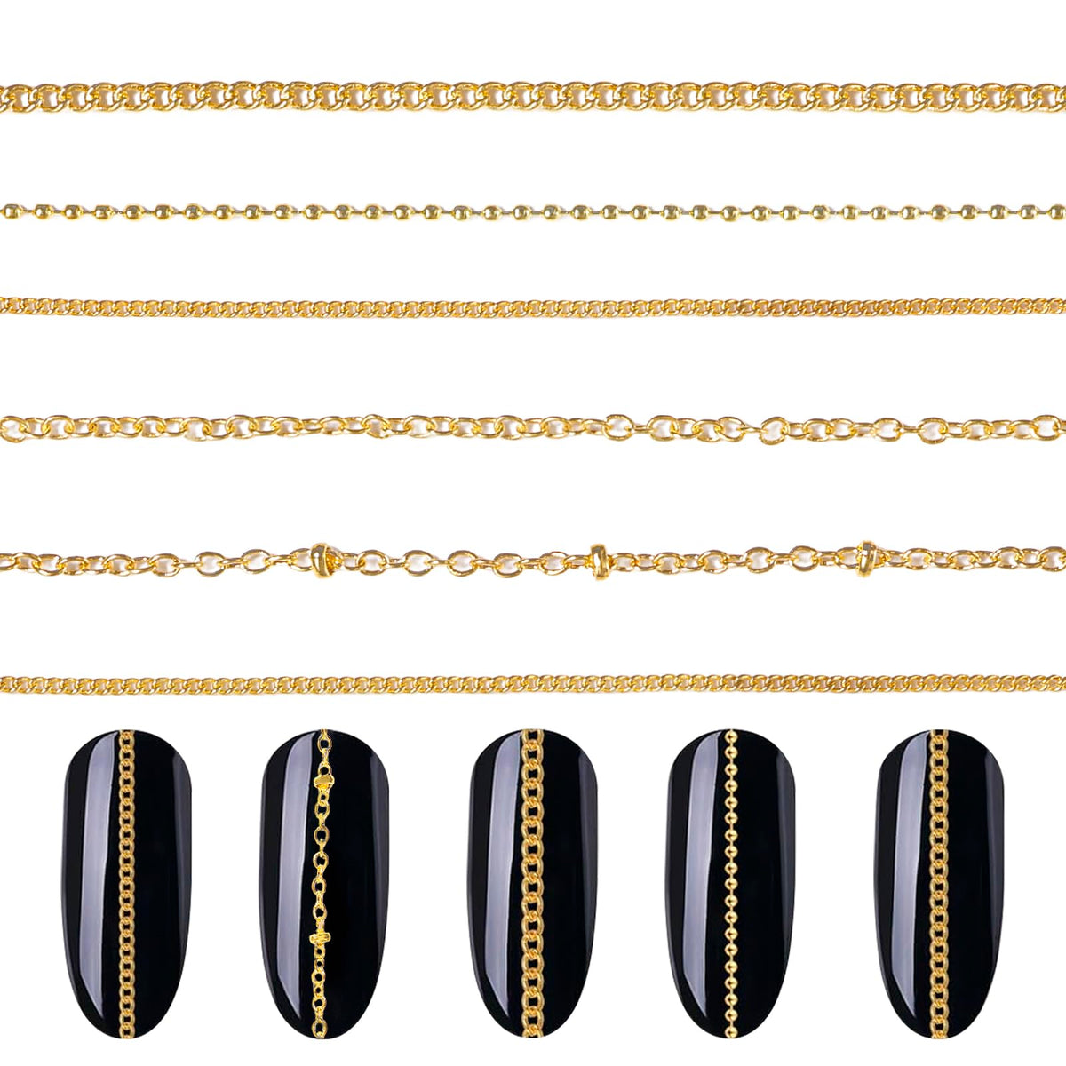 Tatiwoo front packaging showing 30 gold nail chains, quick decoration benefit