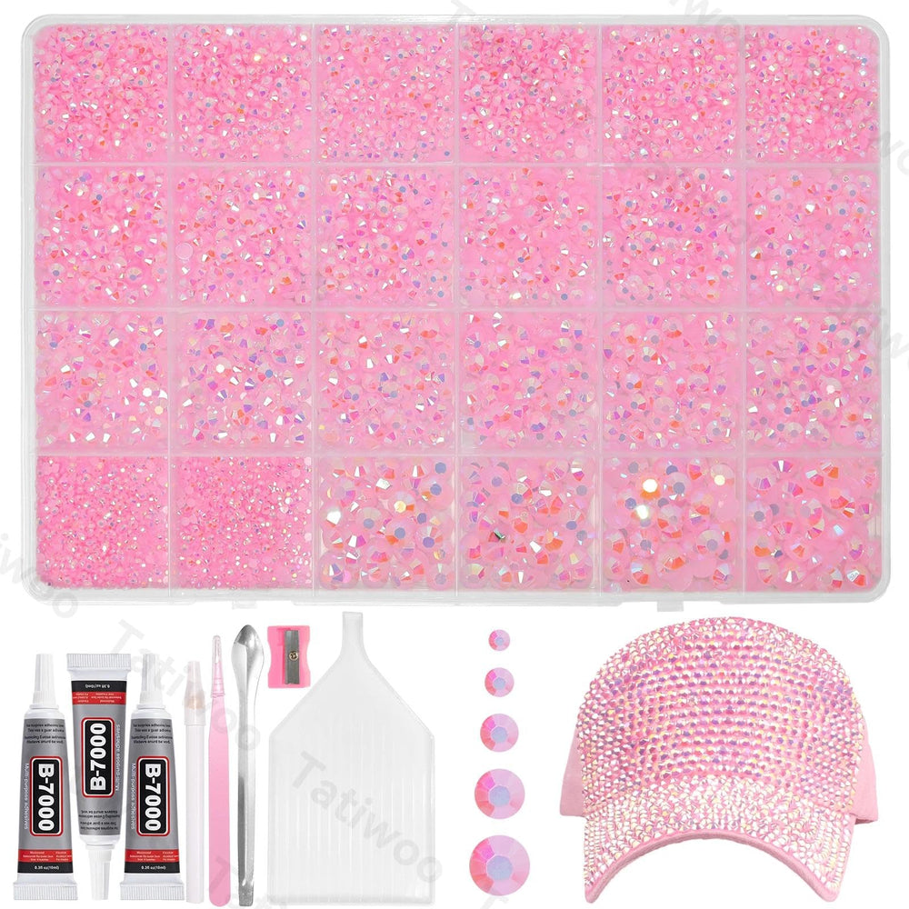Tatiwoo front packaging showing 20000 light pink AB rhinestones, organized and ready