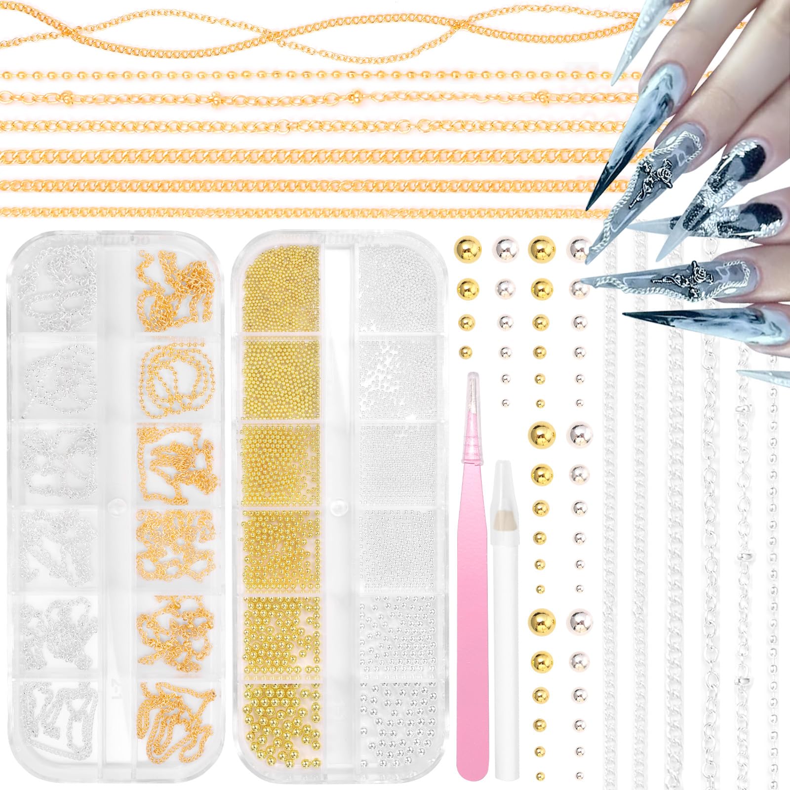 Tatiwoo front packaging showing chains and beads for versatile nail decor