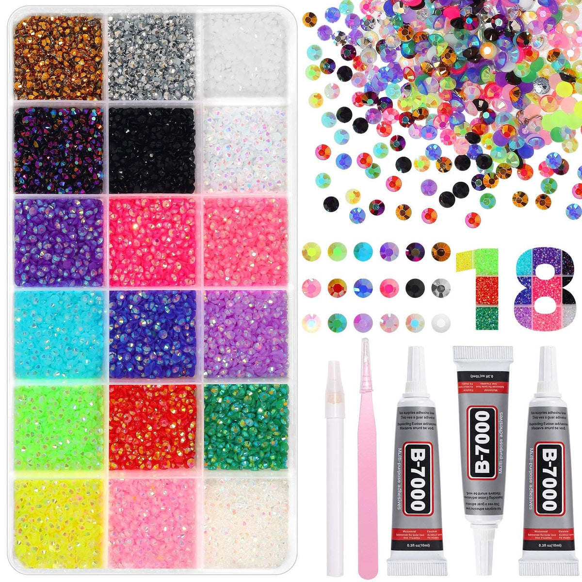 Tatiwoo front packaging of 18000-piece rhinestone kit shows contents and benefit of large supply