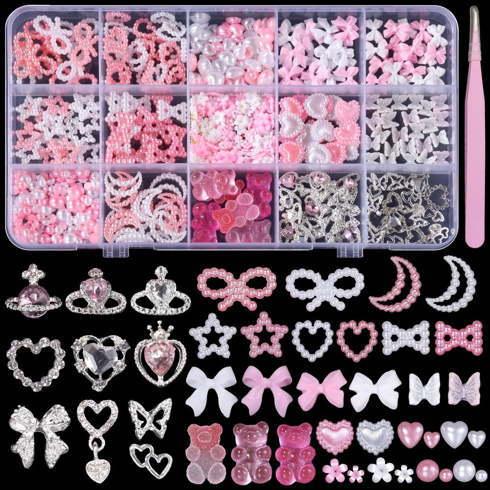 Tatiwoo front packaging showing mixed pink and silver nail charms and compartments benefiting organized storage