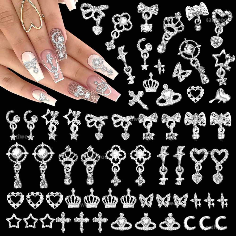 Tatiwoo front packaging showing 100 silver nail charms and gems for quick identification and selection
