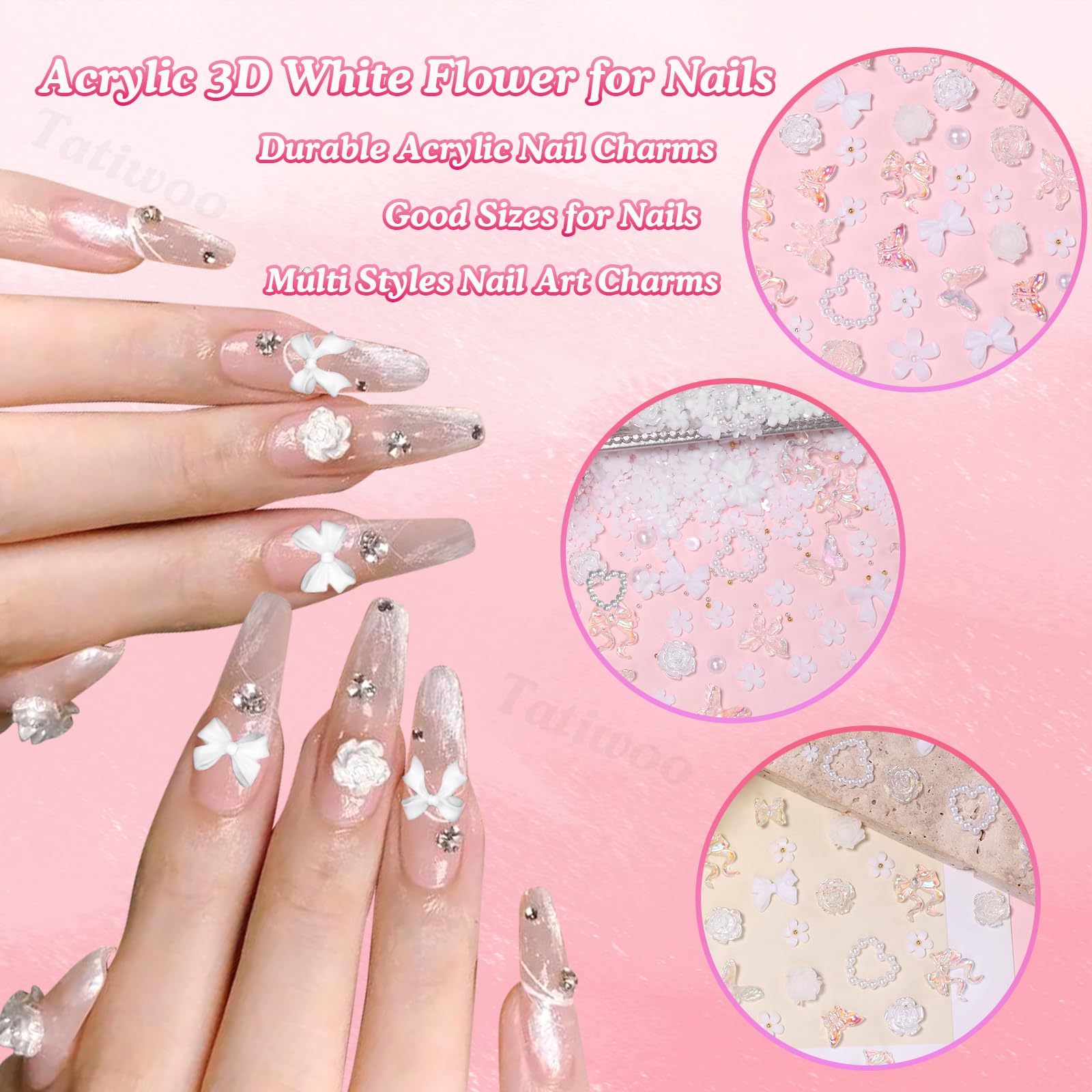 Tatiwoo charms applied on acrylic nails demonstrating elegant, long-lasting decoration