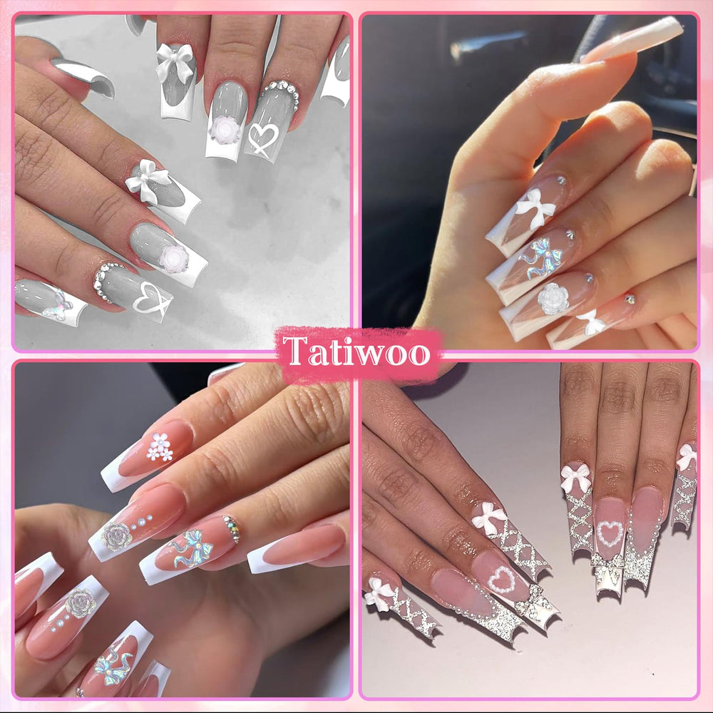 Tatiwoo bridal nail design using white flowers and pearls for wedding-ready elegance