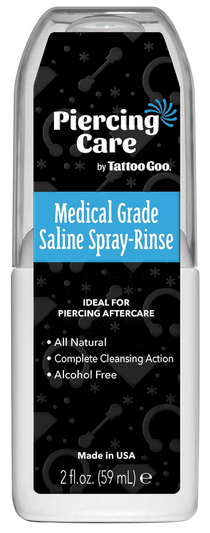 Tattoo Goo front bottle showing compact 2 oz size and clear saline for easy storage