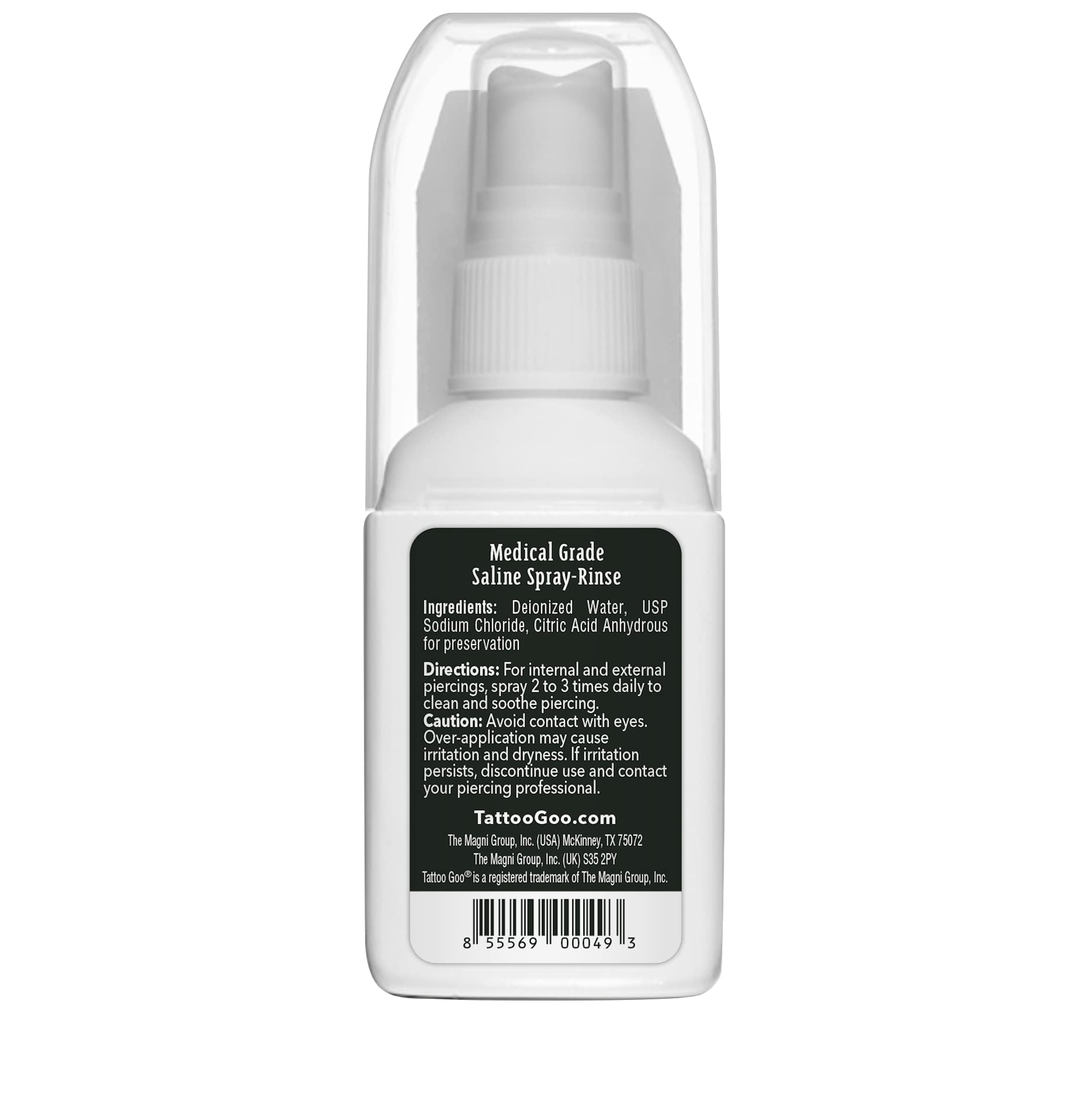 Tattoo Goo mist dispersing over piercing demonstrating gentle, even saline rinse