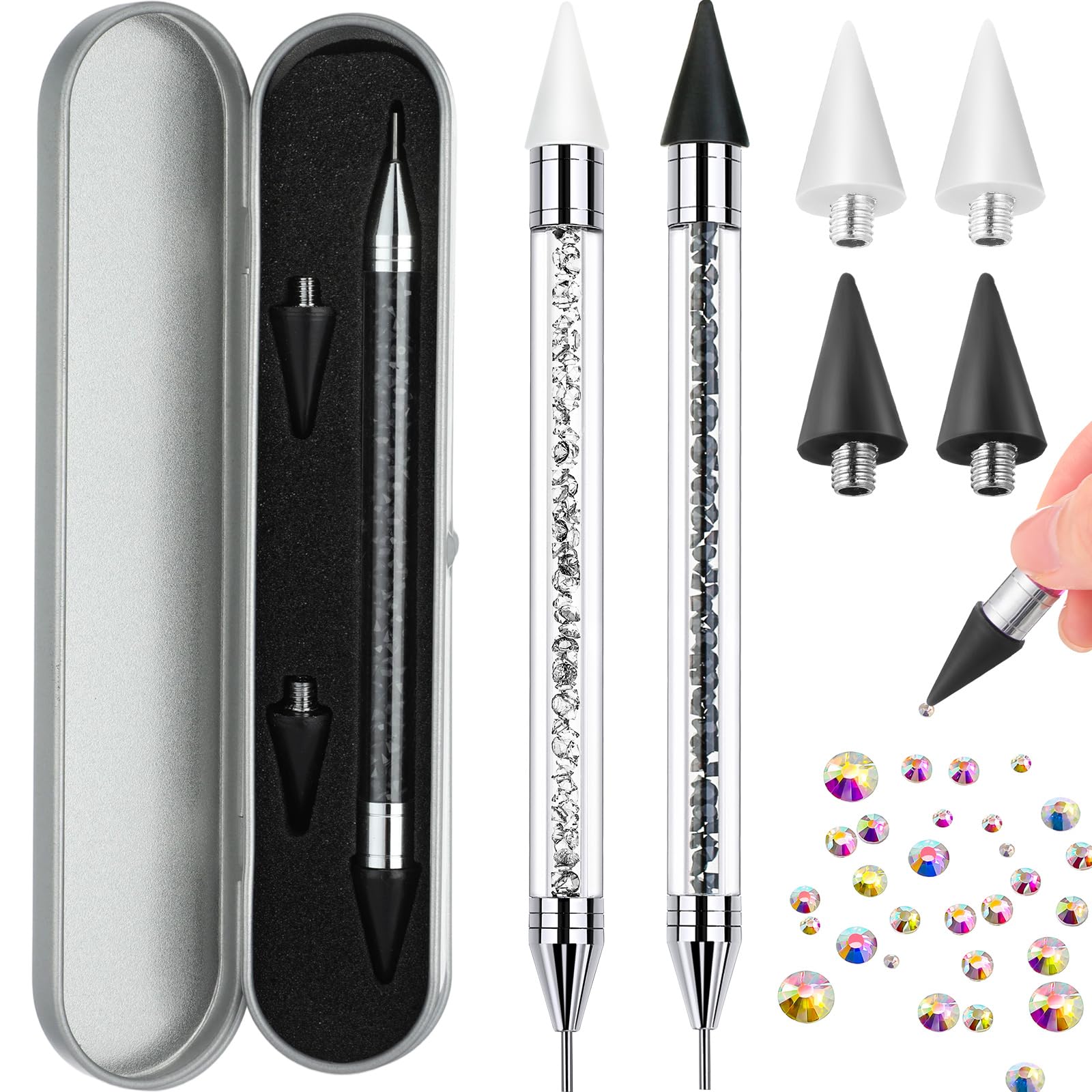 Tatuo front view of two-pack rhinestone picker showing packaging and benefits