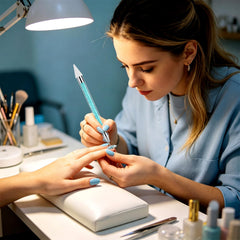 Tatuo in use on acrylic nail speeding up gem placement during manicure