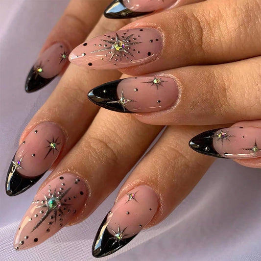 TBRZTR front view of black French tip almond press-on nails showing full design and shine benefit