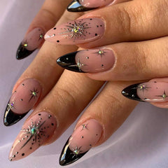 TBRZTR front view of black French tip almond press-on nails showing full design and shine benefit