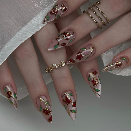 TBRZTR front packaging showing red floral press-on nails and glossy finish for instant style