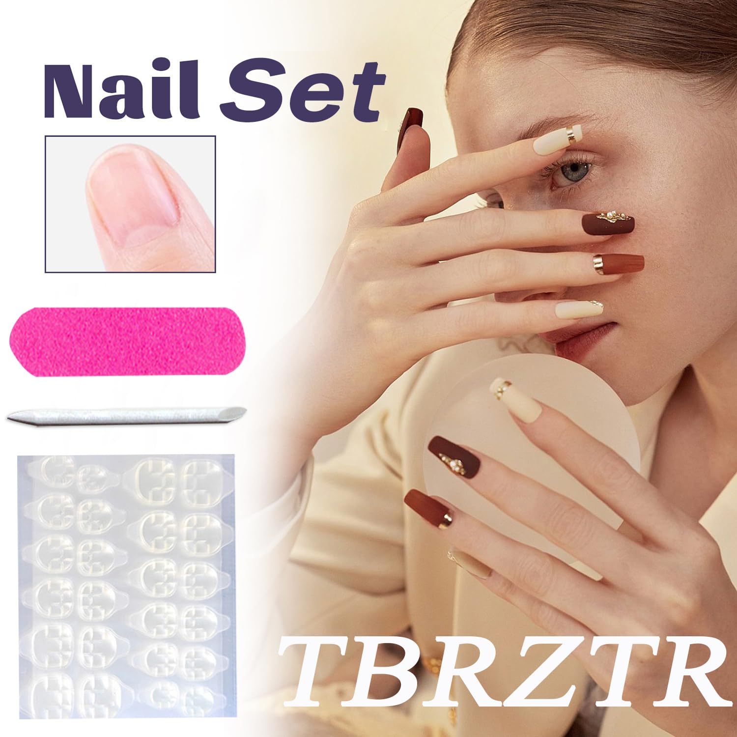 TBRZTR included mini file, wooden stick and glue sticker showing easy application benefit