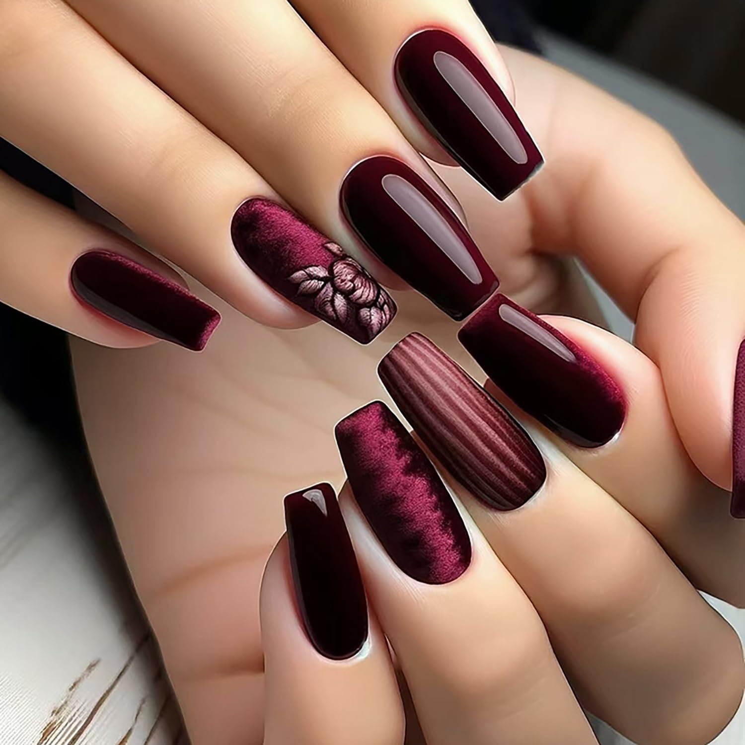 TBRZTR front view of wine red coffin press-on nails showing glossy finish and full cover benefit