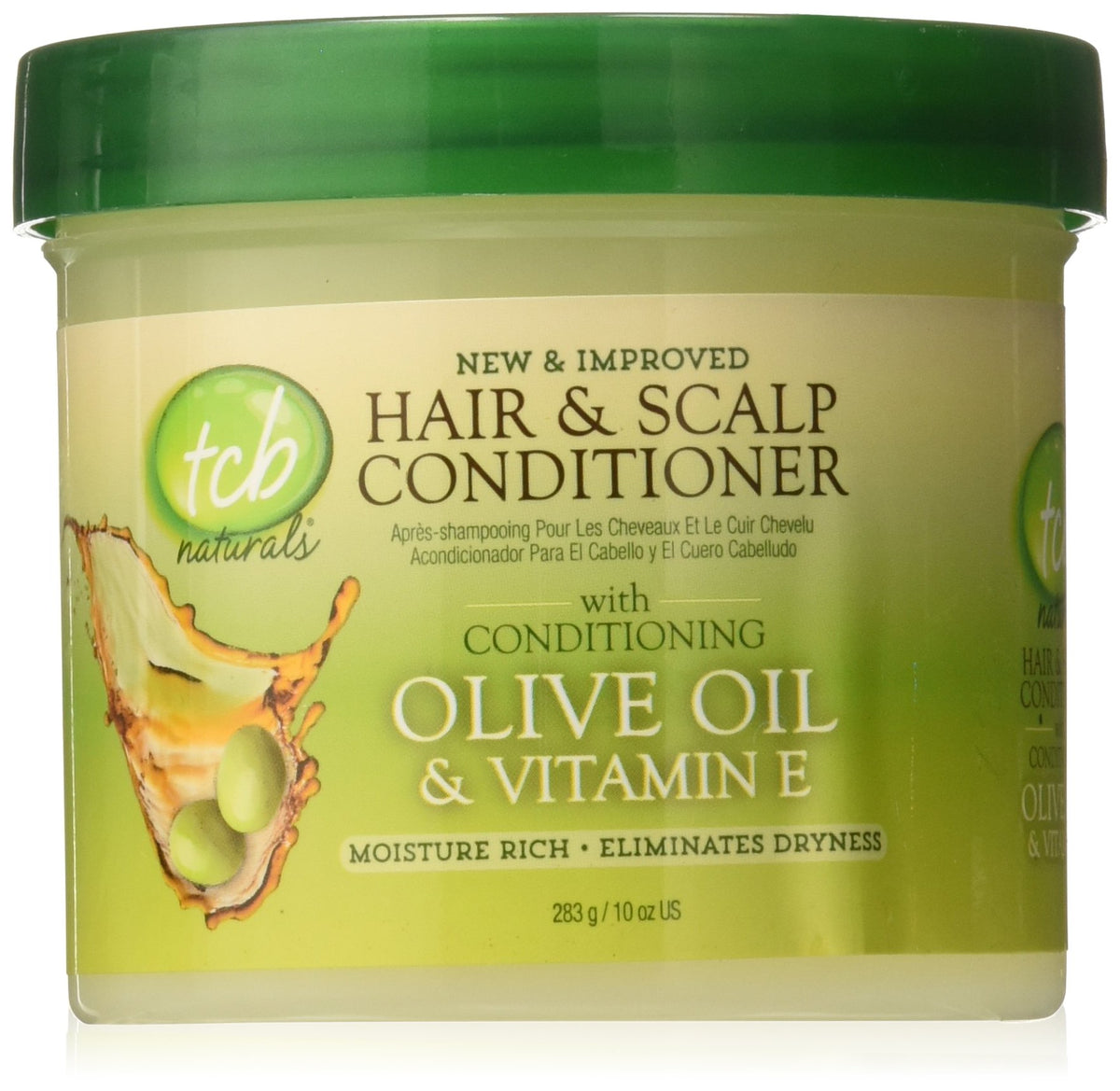 TCB jar front view showing label and 10 ounce size, highlights moisturizing benefits