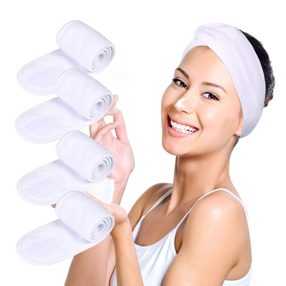 TDHDIKE front view of four white headbands highlighting neat packaging and convenience