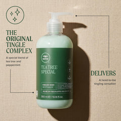 Tea Tree bottle on bathroom shelf in lifestyle setting showing everyday routine benefit