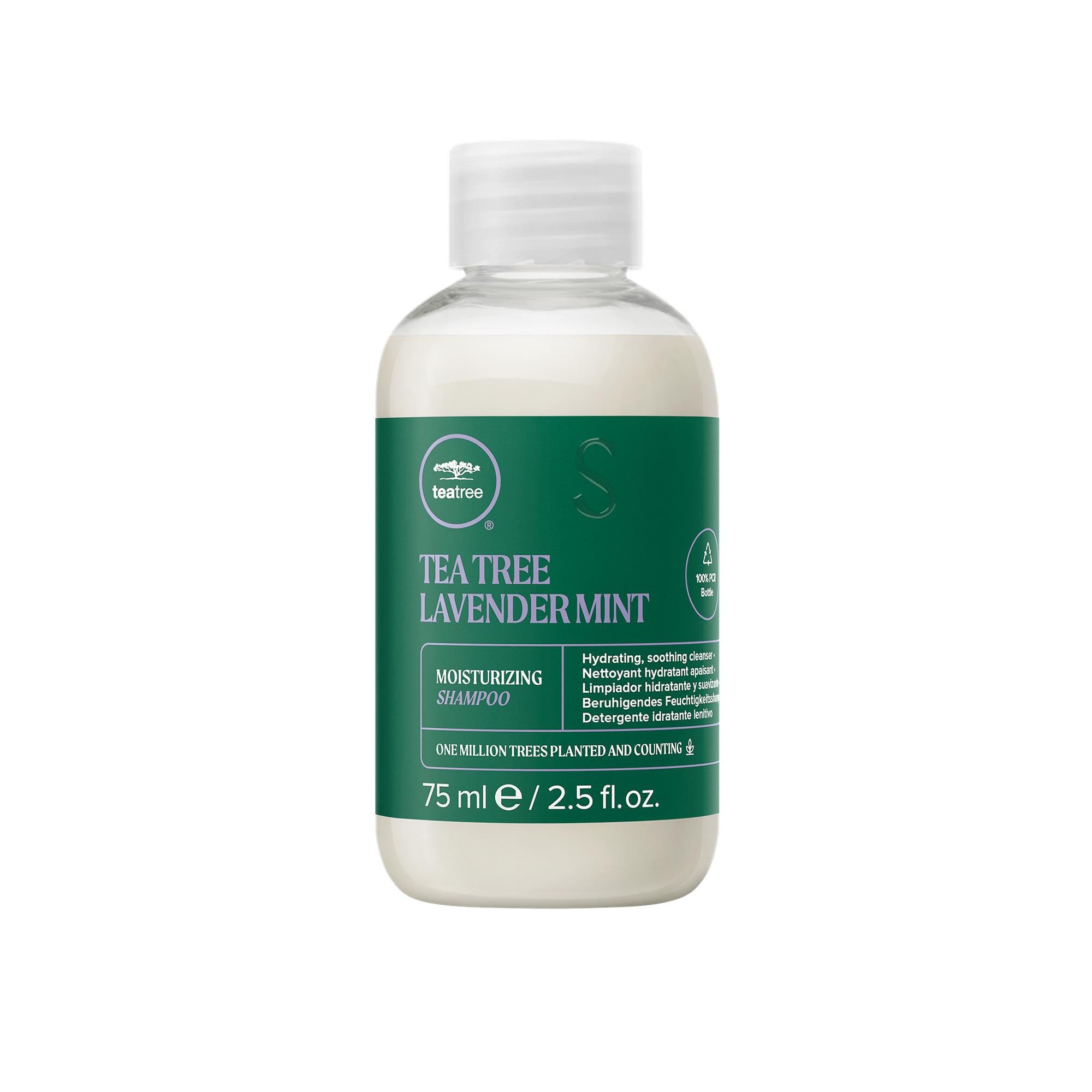 Tea Tree front bottle showing label and calming lavender fragrance benefit