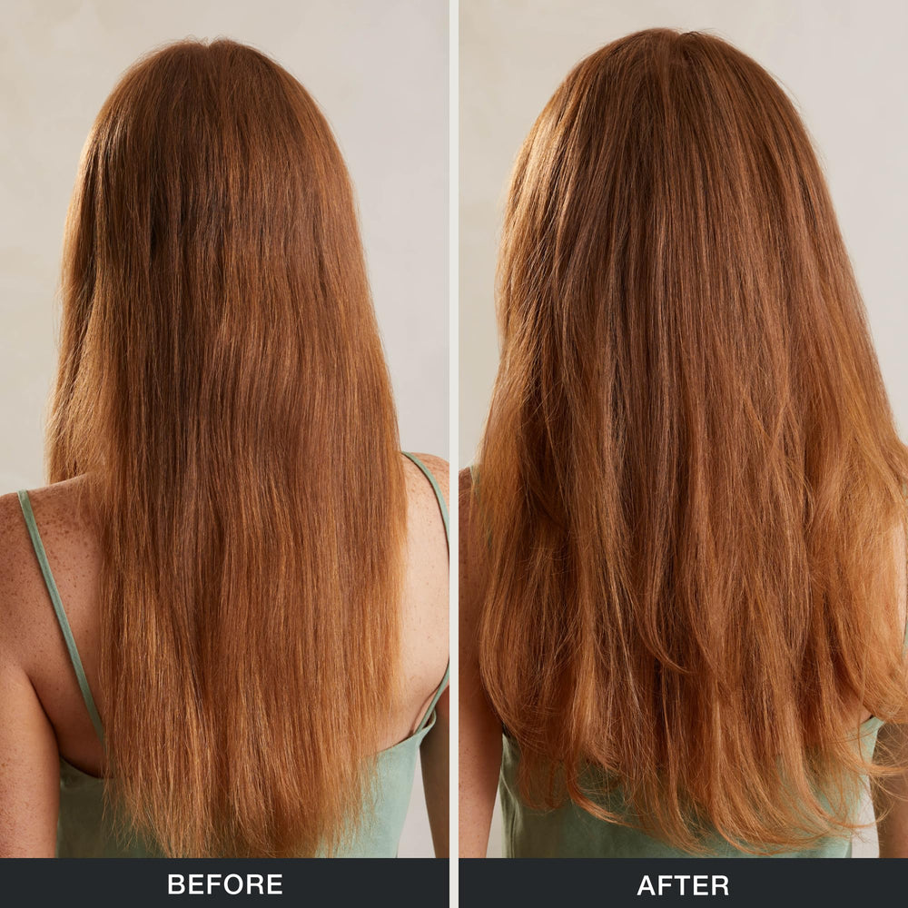 Tea Tree being worked through damp hair as leave-in for detangling and frizz control benefit