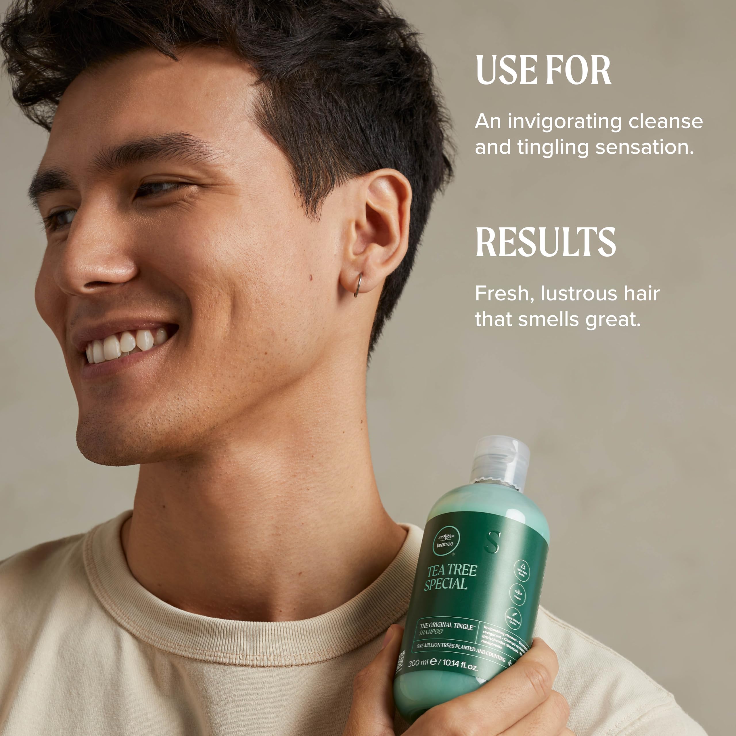 Tea Tree bottle on bathroom shelf showing salon-quality routine benefit