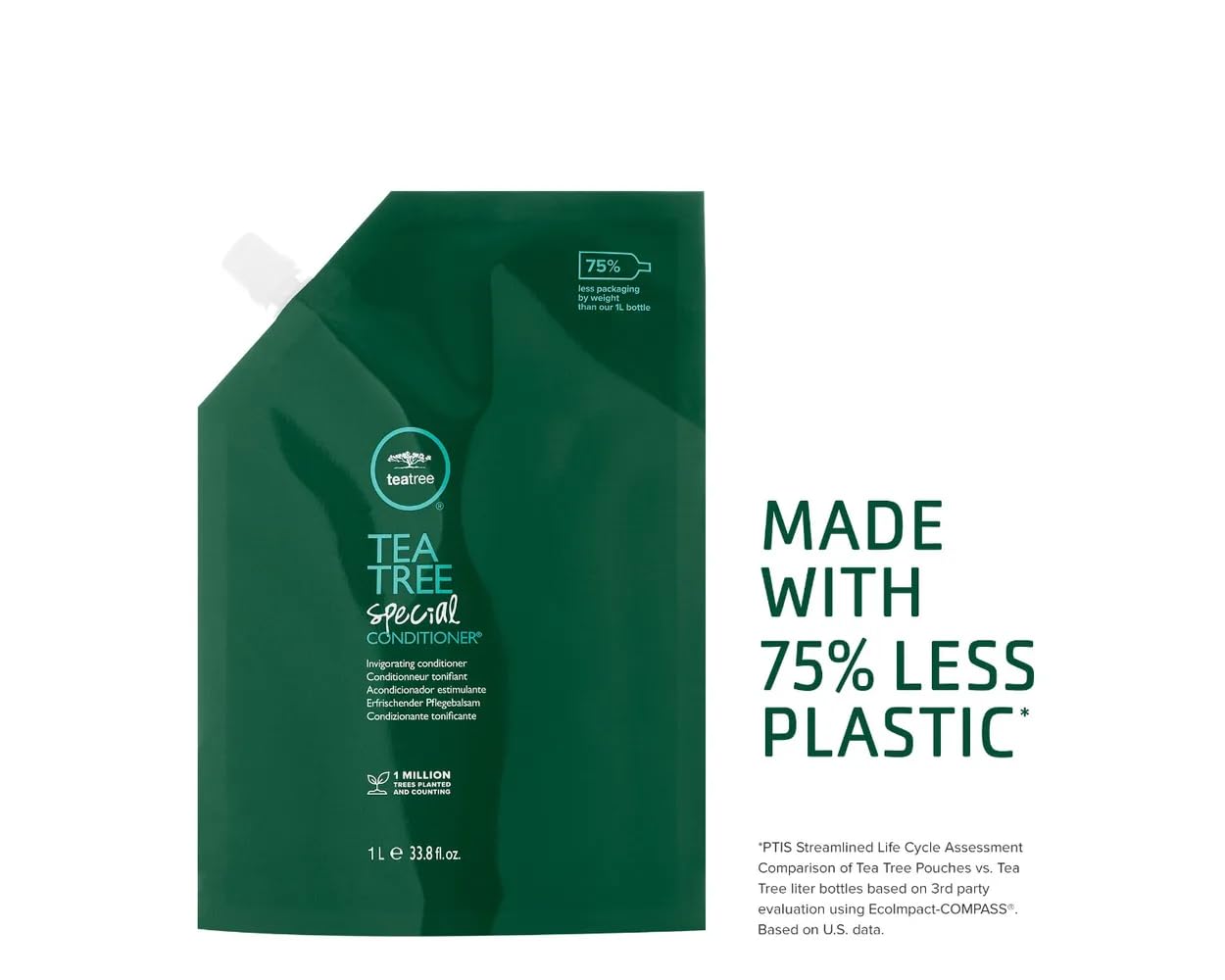 Tea Tree pouch pouring conditioner into a reusable bottle, reduces waste