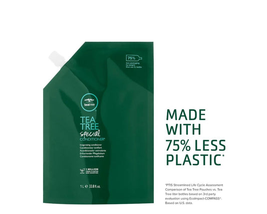 Tea Tree pouch pouring conditioner into a reusable bottle, reduces waste