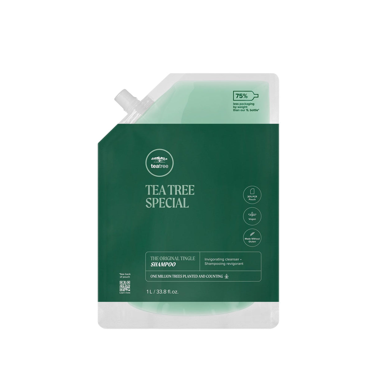 Tea Tree front bottle showing size and benefits for refreshed scalp