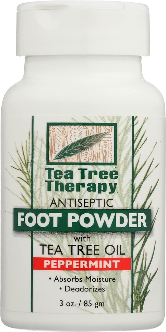 Tea Tree Therapy front packaging showing 3 oz powder and refreshing scent