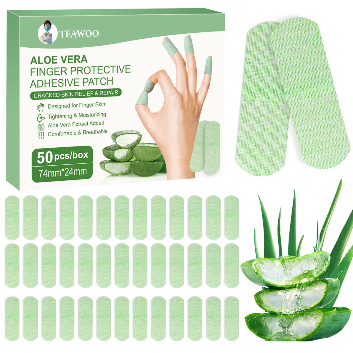 TEAWOO front packaging showing 50 aloe vera hand patches for quick relief
