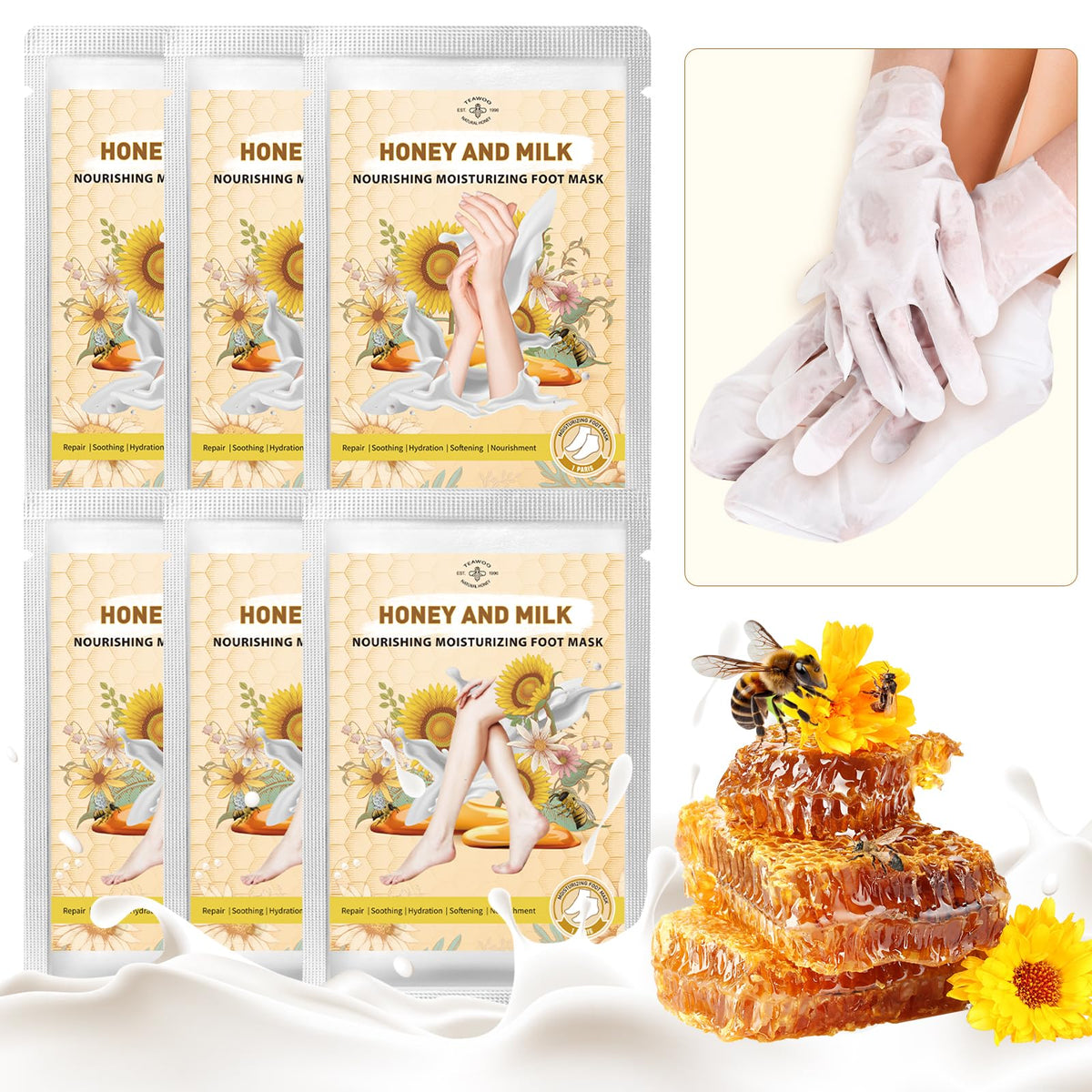 TEAWOO front packaging showing hand and foot mask set and benefits