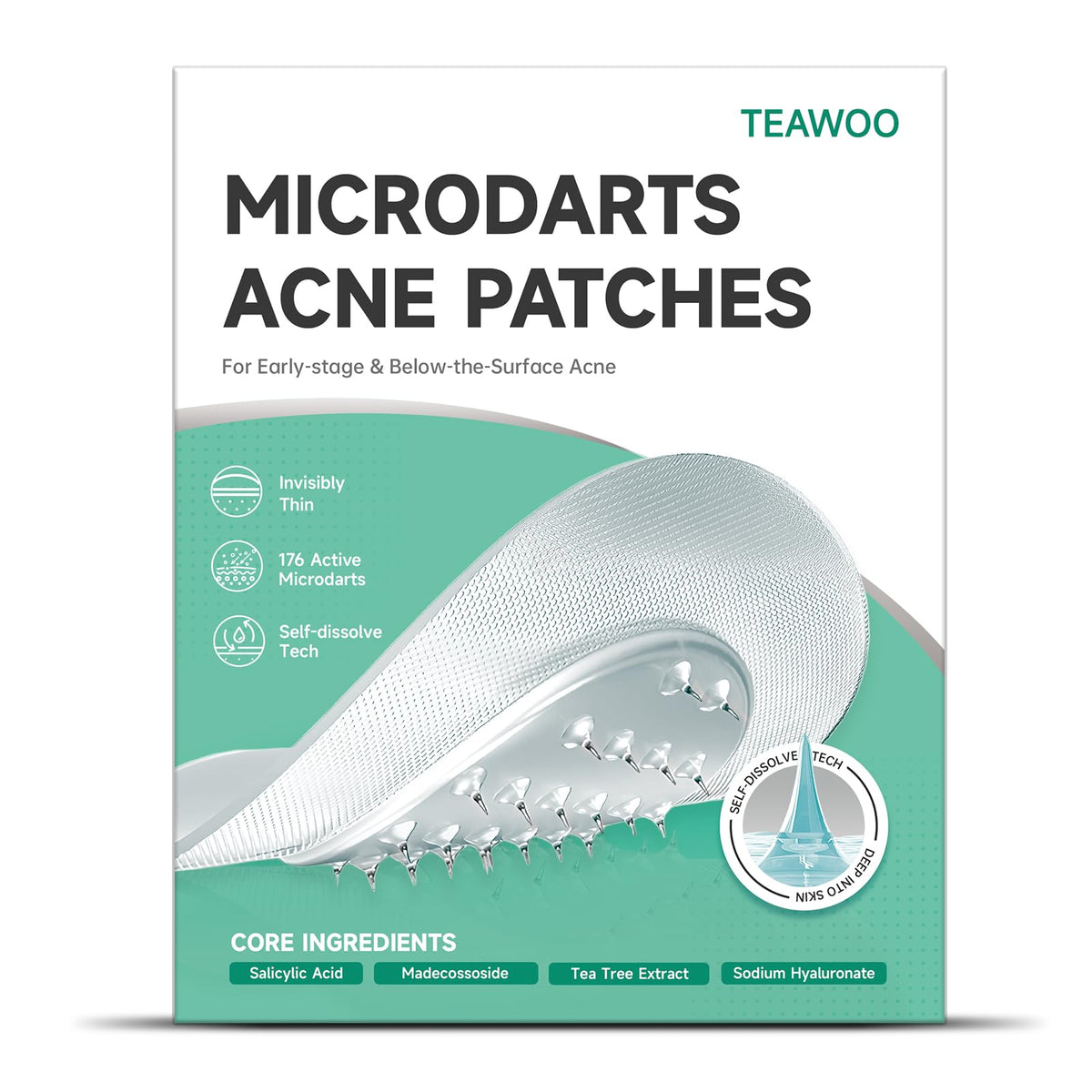 TEAWOO front packaging showing 36 microdart patches and benefits