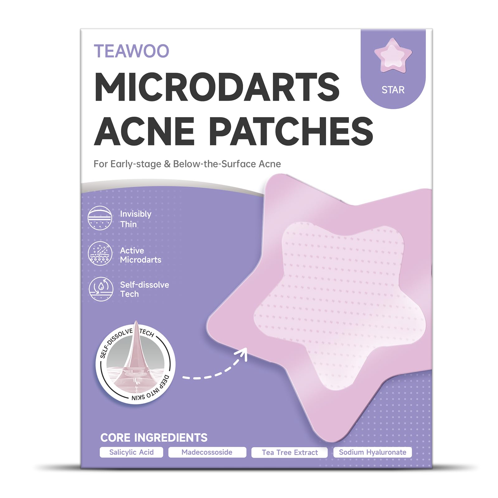 TEAWOO front packaging showing 36 pink star patches and travel-ready design benefit