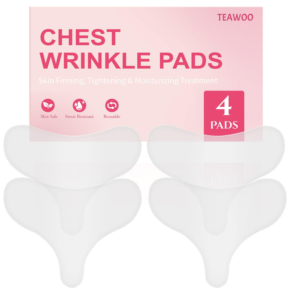 TEAWOO packaging front view showing four reusable chest wrinkle pads and benefits