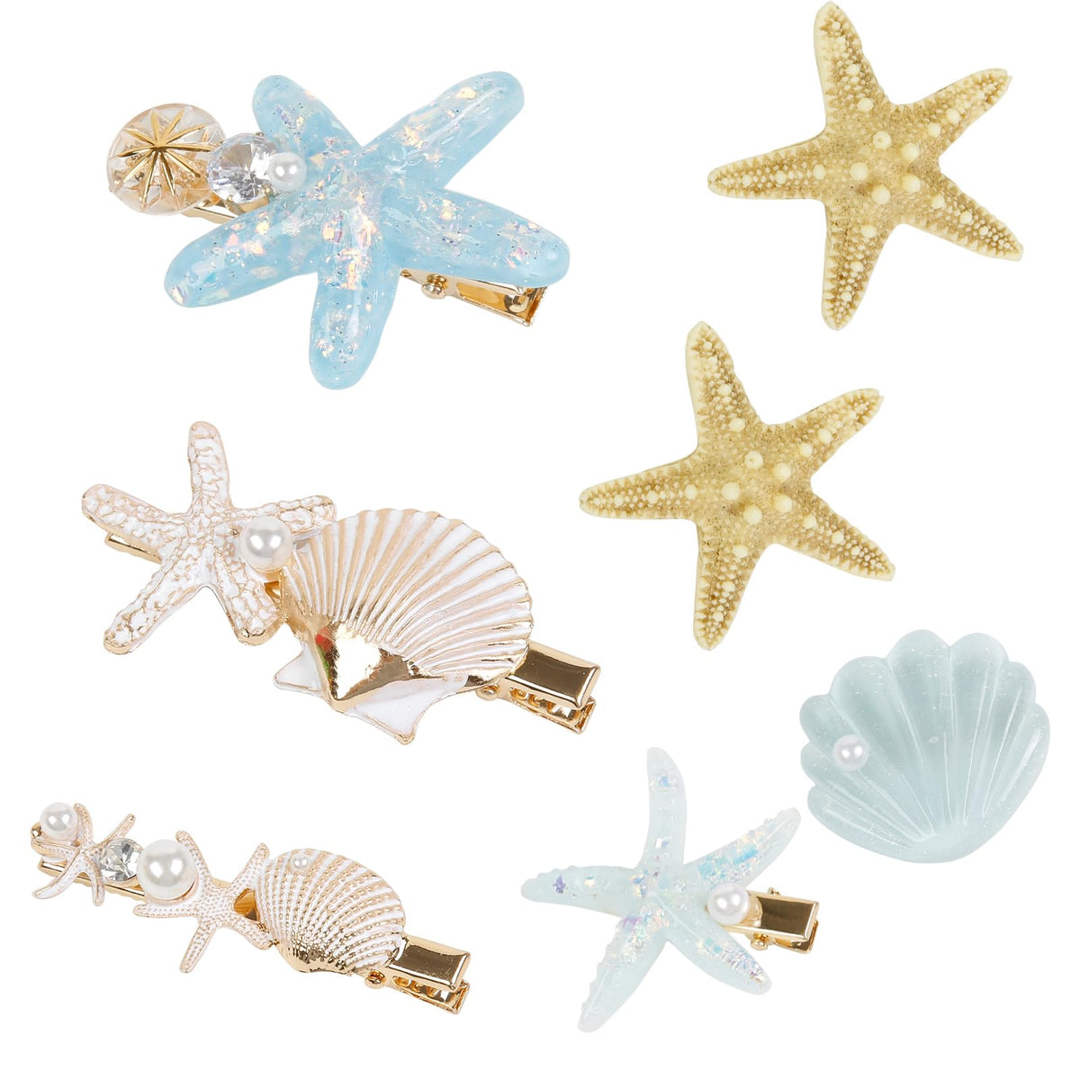 TEBIEKOY front packaging showing seven mermaid hair clips and pearl accents