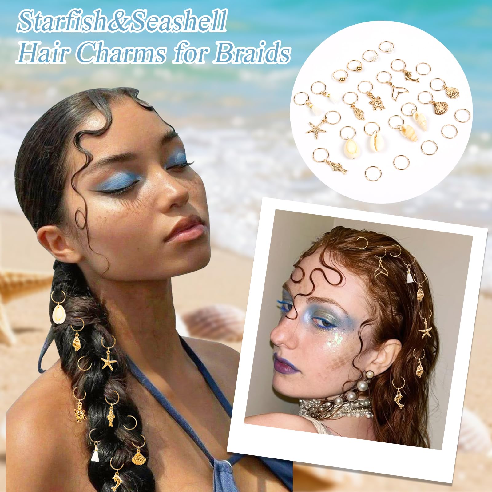 TEBIEKOY hair charms clipped on braids in sunlight adding coastal style