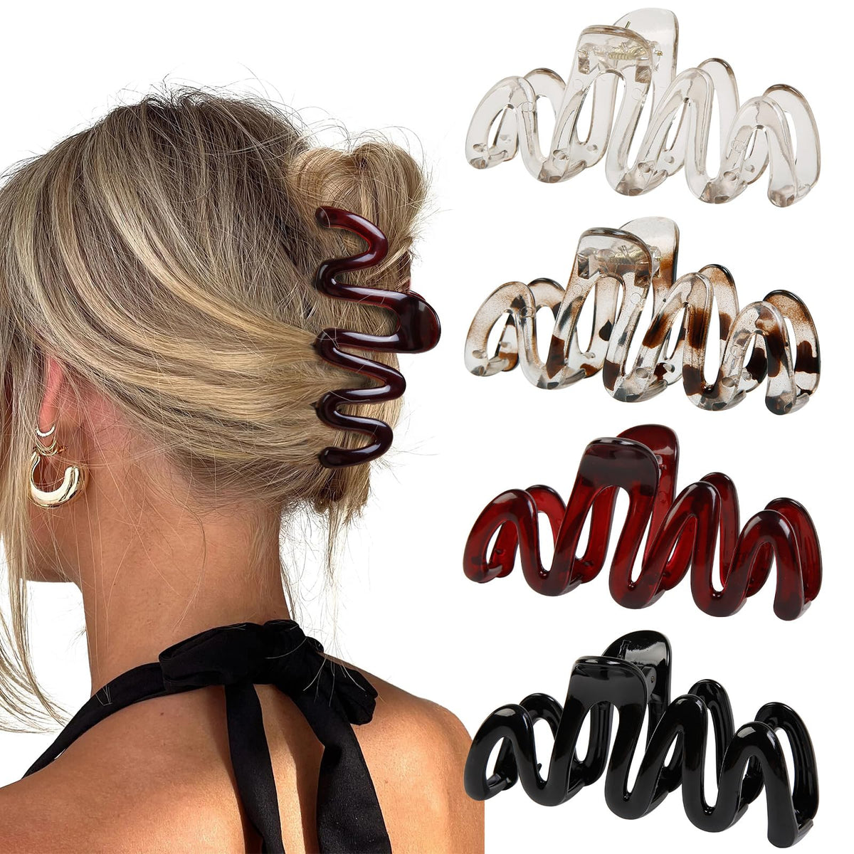TEBIEKOY front view of four-color clip set showing colors and design benefit: versatile styling