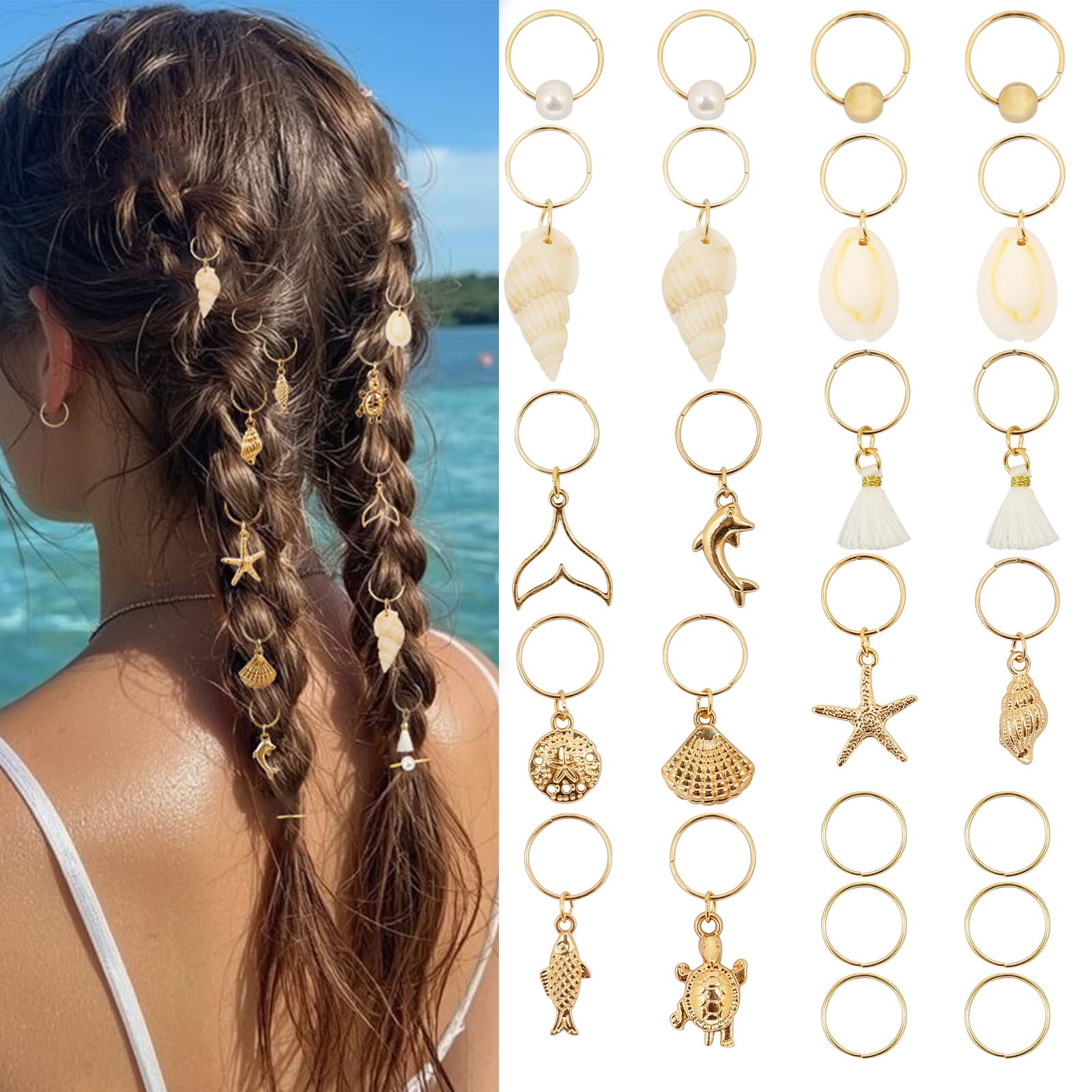 TEBIEKOY front view of 24-piece gold seashell hair charms showing full set benefit versatility